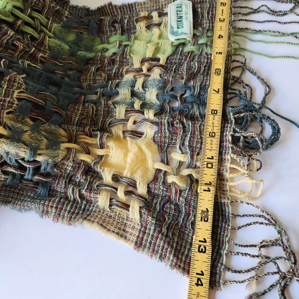 Suantrai of Ireland 100% Wool Scarf Green Yellow Brown Open Weave Fringe